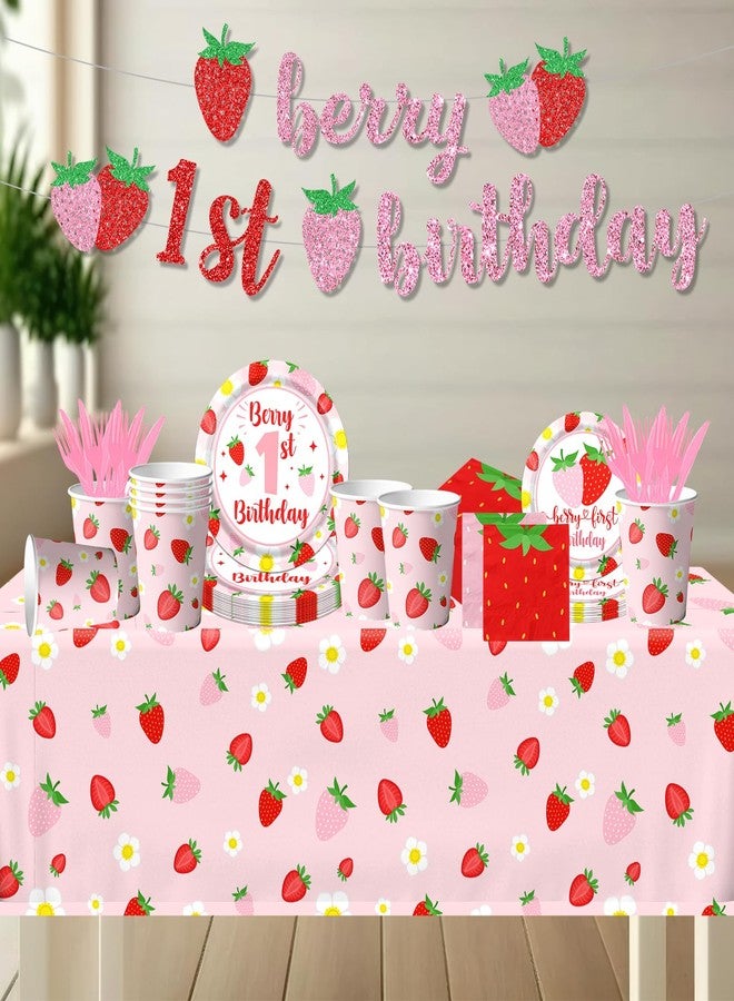 Dydamud Berry First Birthday Decor Strawberry 1st Birthday Decorations for Girls with Plates, Napkins, Tablecloth, Cups Strawberry Party Decorations, Serve 20 - Image 4